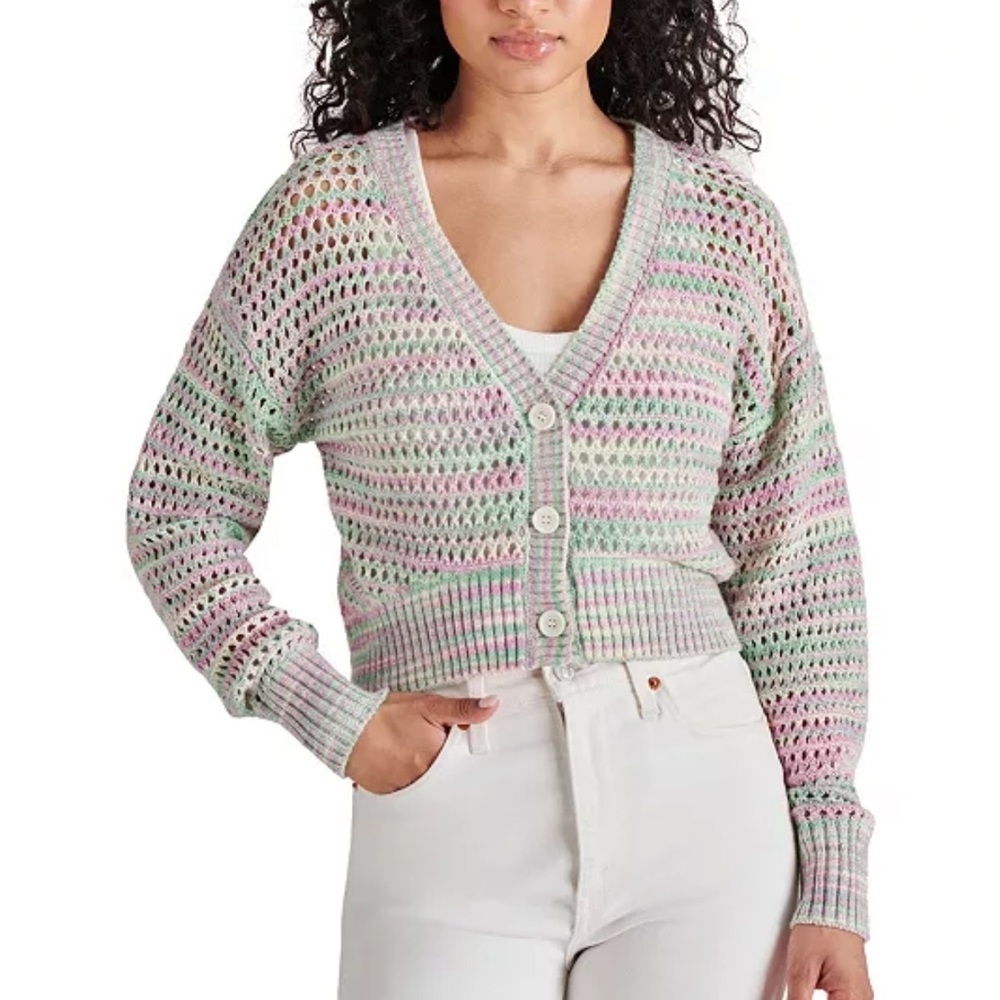 Steve Madden women’s Lucas chunky open Knit button up cropped Cardigan cotton L